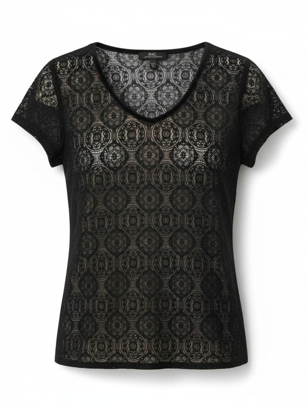 INC International Concepts Black Lace Short Sleeve Top Tan Lining Medium